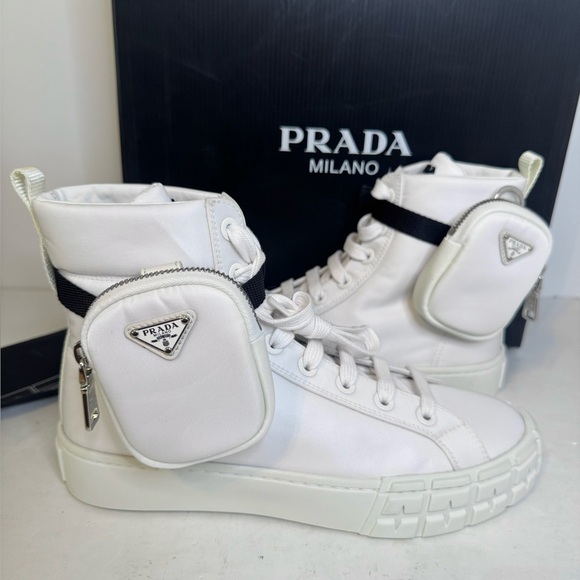 Prada Nylon Gabardine Combat Boots White SZ 39.5 Worn 1x W/ Box - Picture 1 of 9
